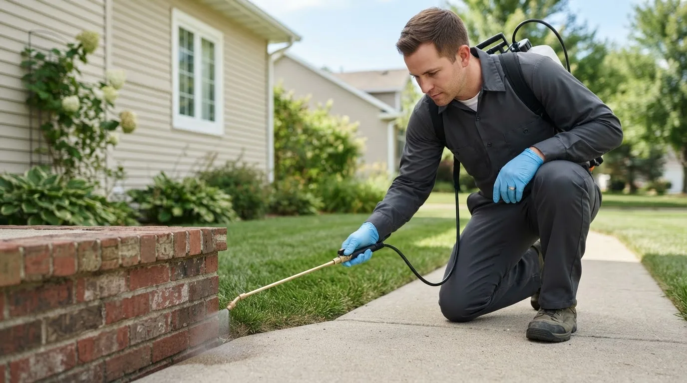 Pest control technician treating a home near Versailles, IN