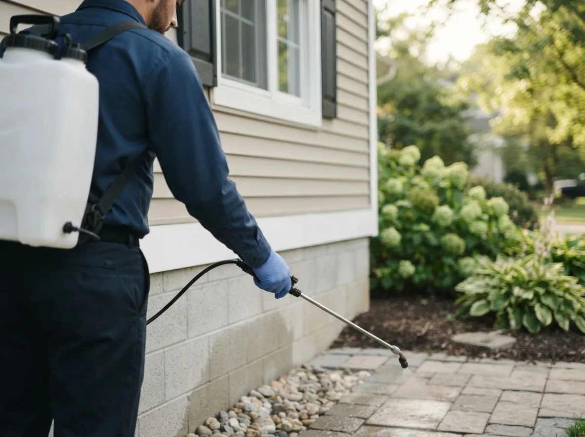 Pest control technician inspecting a home in Versailles, IN